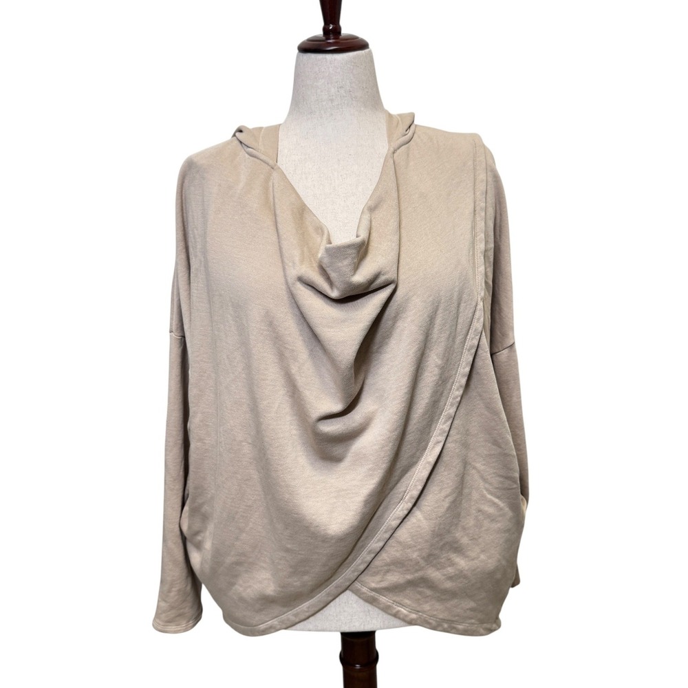 Bobi Los Angeles Draped Hoodie L Tan Cowl Neck Tulip Hem Minimalist Oversizeed